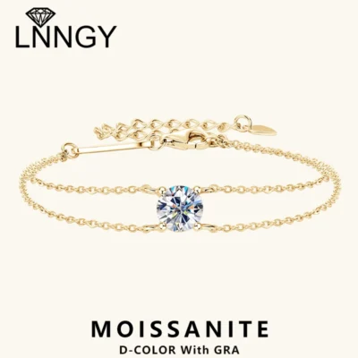 Lnngy 6.5mm 1ct Moissanite Bracelet 925 Sterling Silver Certified Double Chain Bracelets For Women Charm Wedding Jewelry Gift
